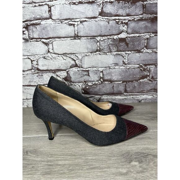 Manolo Blahnik Grey Wool Fabric Burgundy Pointed Toe Heels Women Sz 39.5EU/9M US - Picture 3 of 16